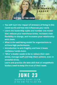 The New Normal Leader event Darwin Surf Club June 23 2022 Michelle Taylor c4 consultancy workplace stress management 